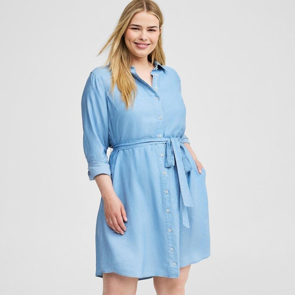 TORRID Mini Chambray Long Sleeve Button Front Tie Shirt Dress SIZE 4 - Picture 1 of 3